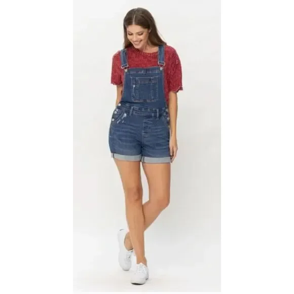 Judy Blue High Waist Double Cuff Denim Short Overalls Sz 2XL - Picture 1 of 13